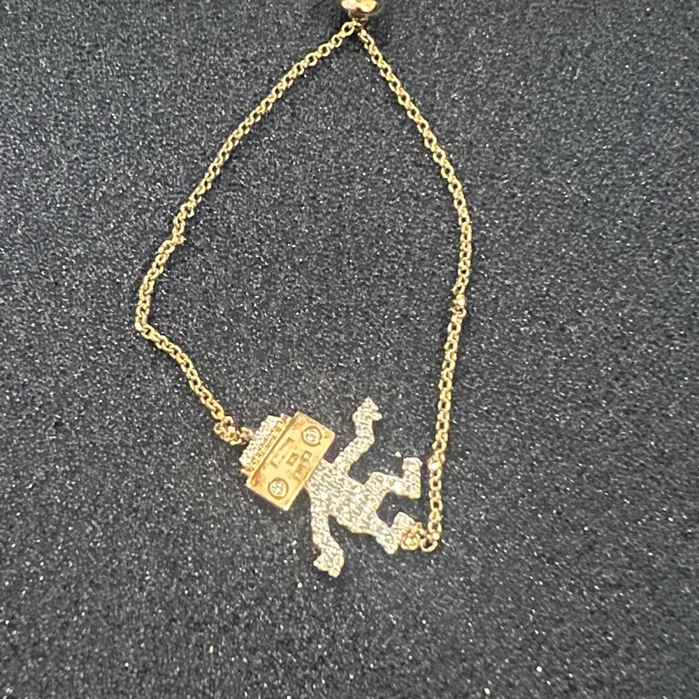 Gold-tone Robot Pendant Bracelet with Clear Crystals